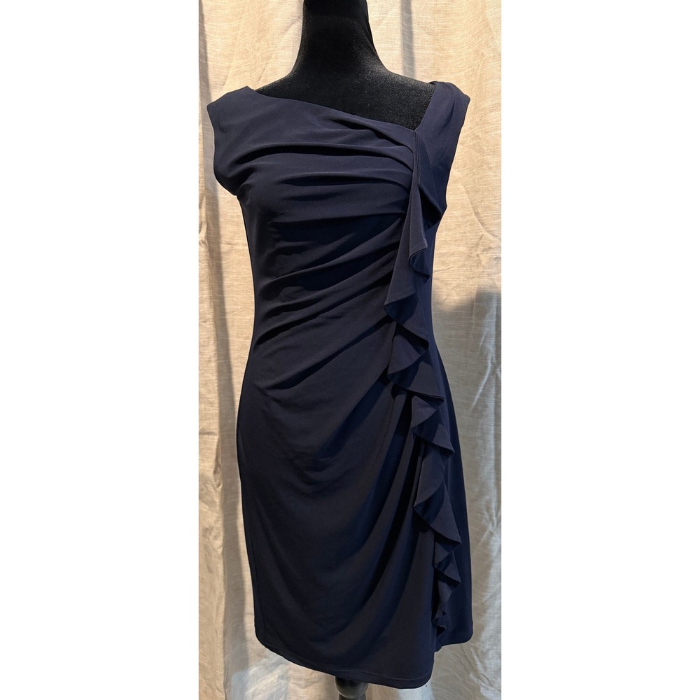 Suzi Chin for Maggy Boutique Navy Blue Ruffle Ruched Sheath Dress Size 8
